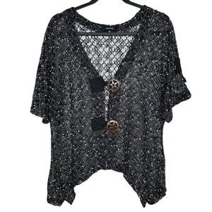 Kaktus Open Crochet Knit Black White Marled Short Sleeve Chunky Button Top XL